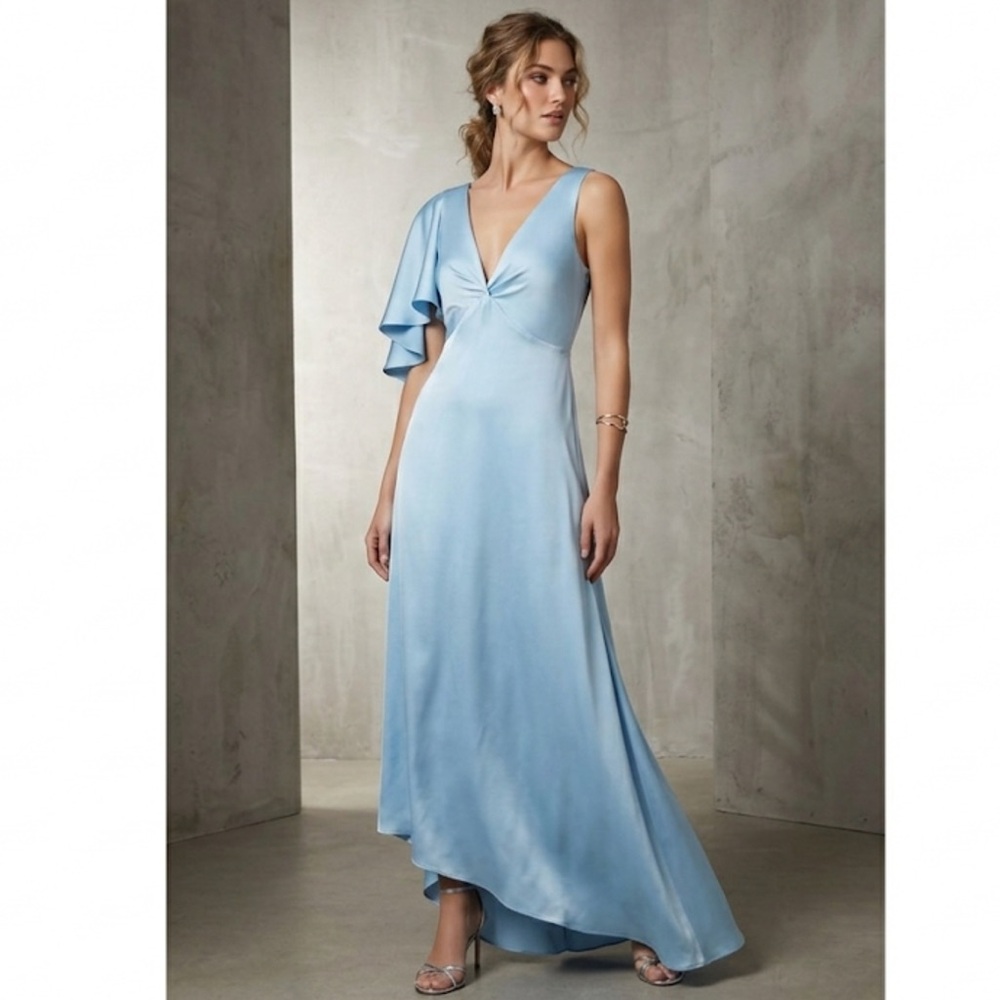 BCBG Avalon Asymmetrical Ice Blue Satin Maxi Dress Gown Size 8